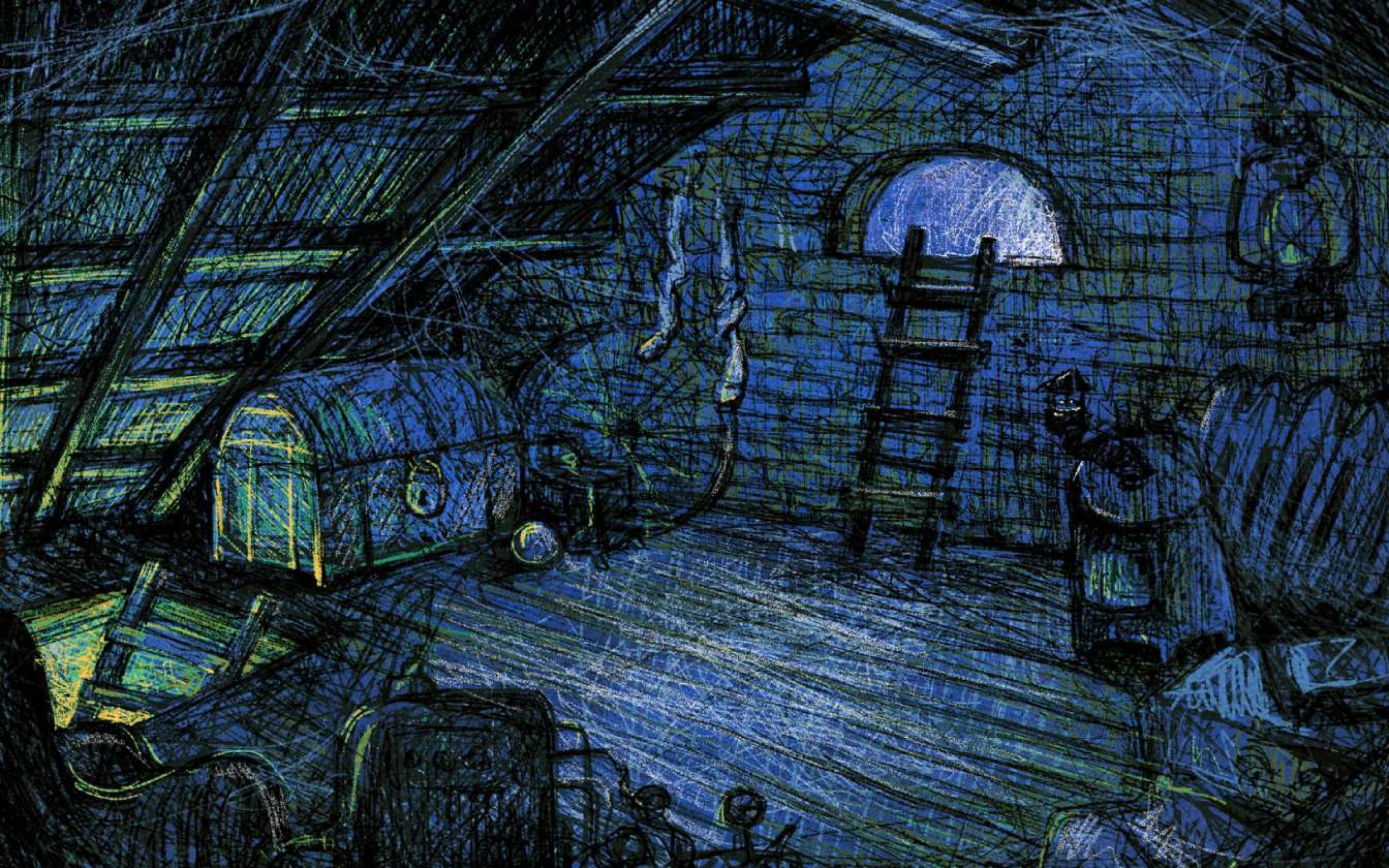 Old attic. Atmospheric digital sketch. Dark gloomy attic with lots of old objects, trash and shadows. A wooden ladder is attached to the window on the roof.