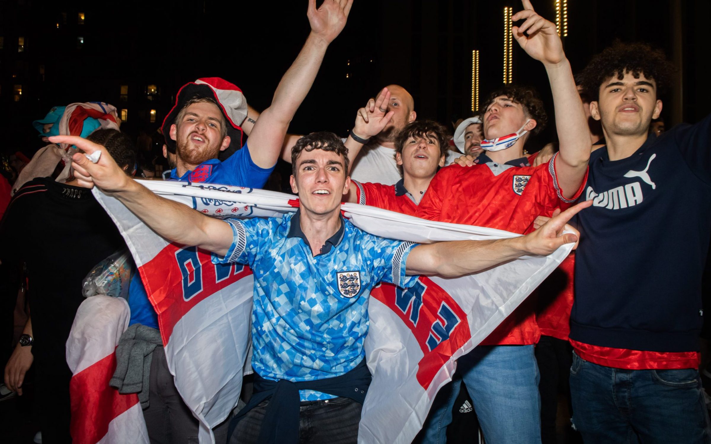 England fans excited after a 2 - 1 win at the UEFA Euro 2020 Championship Semi-final match between England and Denmark at Wembley Stadium.