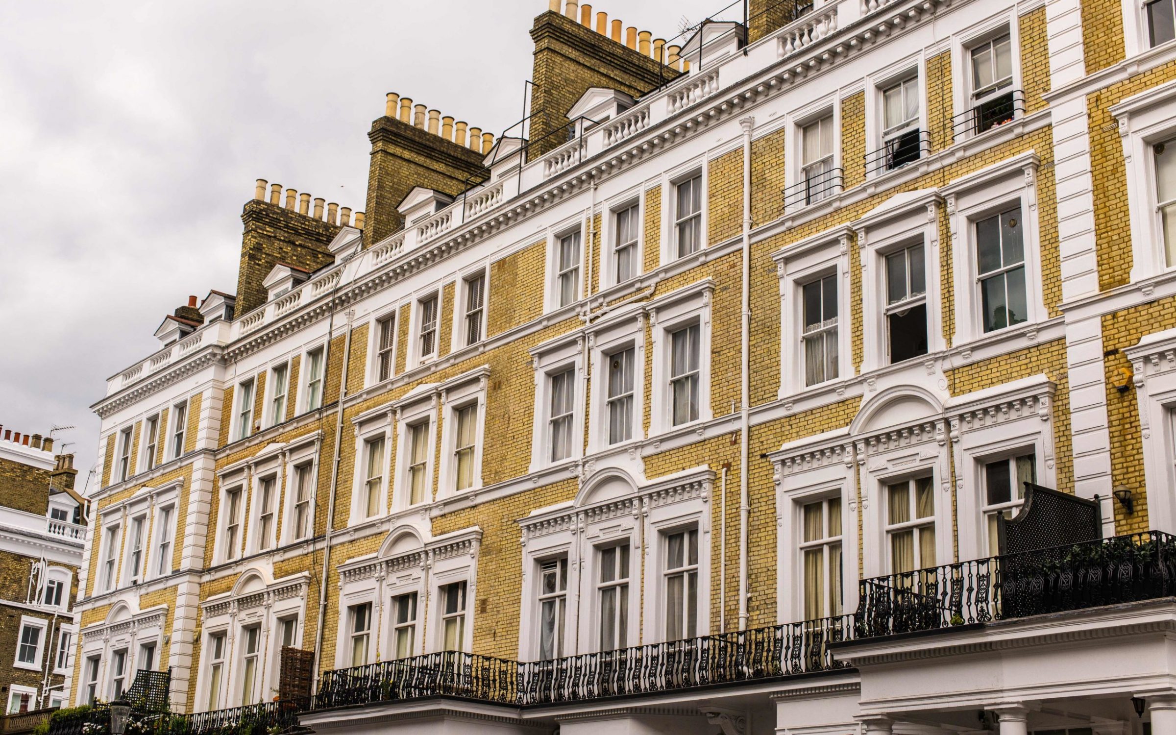 Facade of an opulent British Victorian Edwardian terraced flat in South Kensington, London.