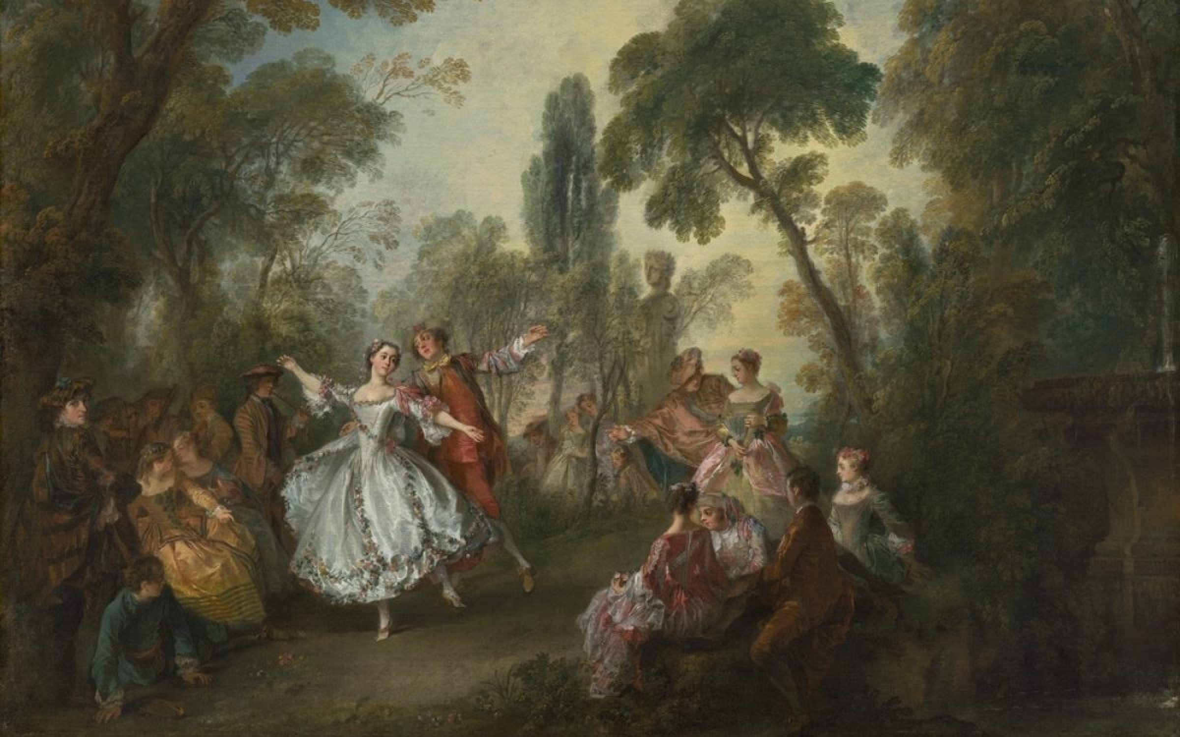 La Camargo Dancing, by Nicolas Lancret, 1730, French painting, oil on canvas. Stylishly dressed spectators assembled in small groups to watch a couple perform a pas de deux. The female dancer depicte