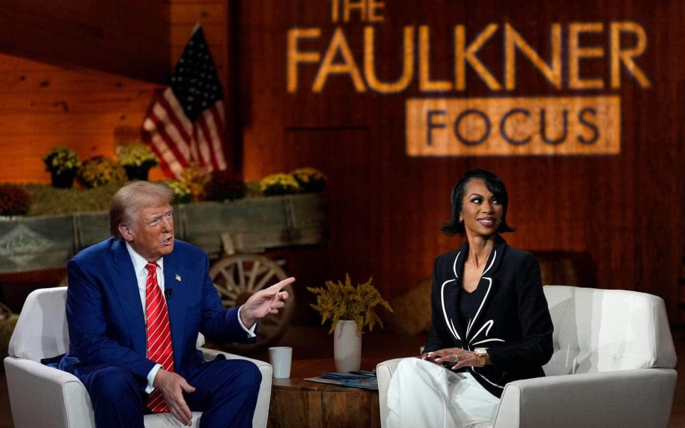 Republican presidential nominee former President Donald Trump speaks during a break in a Fox News town hall with Harris Faulkner in Georgia (via Alamy)